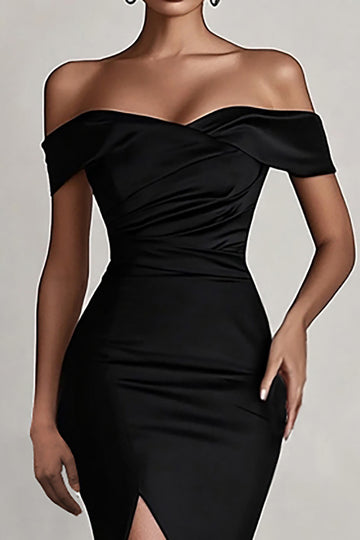 Black Satin Mermaid Off the Shoulder Long Formal Dress with Slit